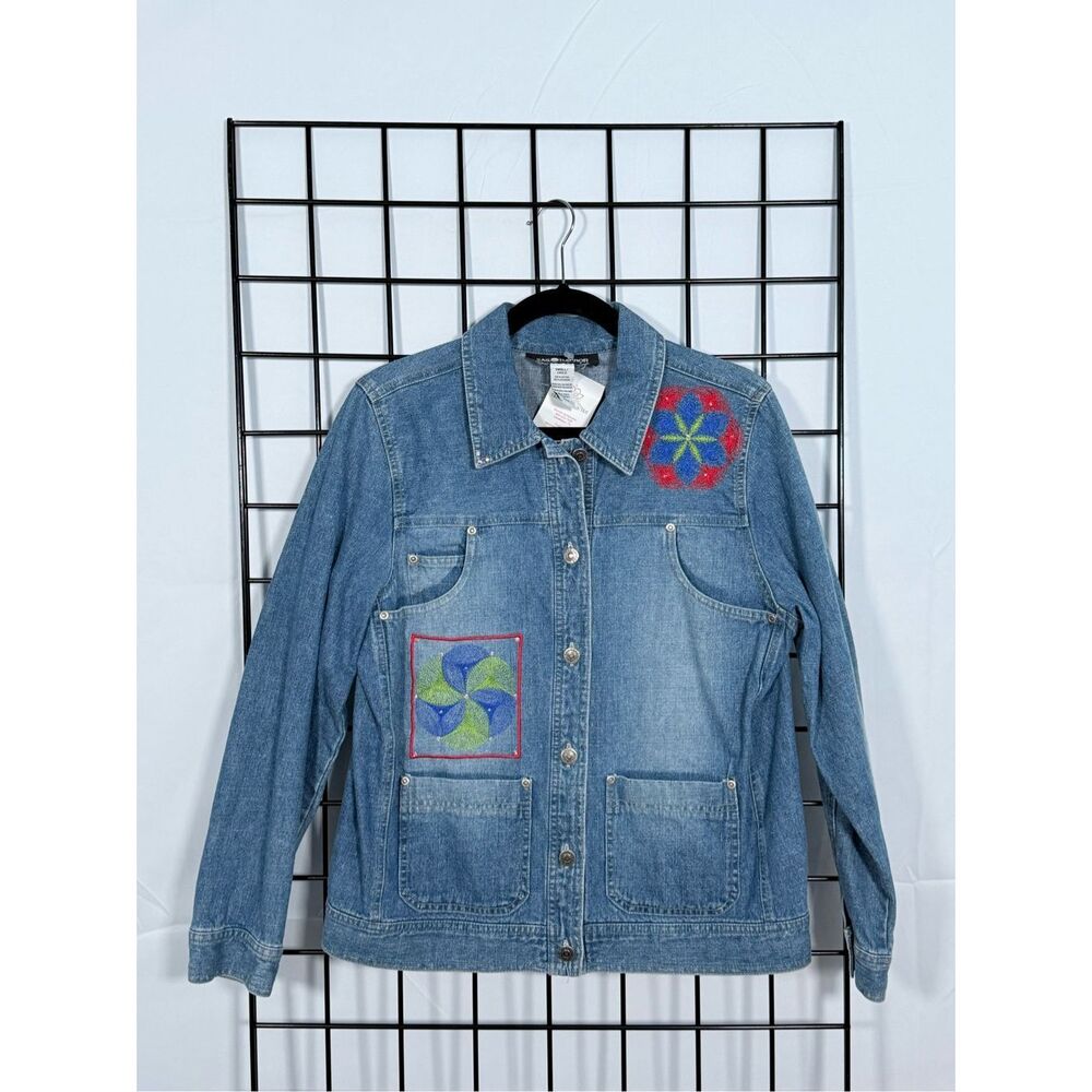 VTG Custom Embroidered Denim Jacket‎ Womens S Blue Artsy Cottagecore Geometric